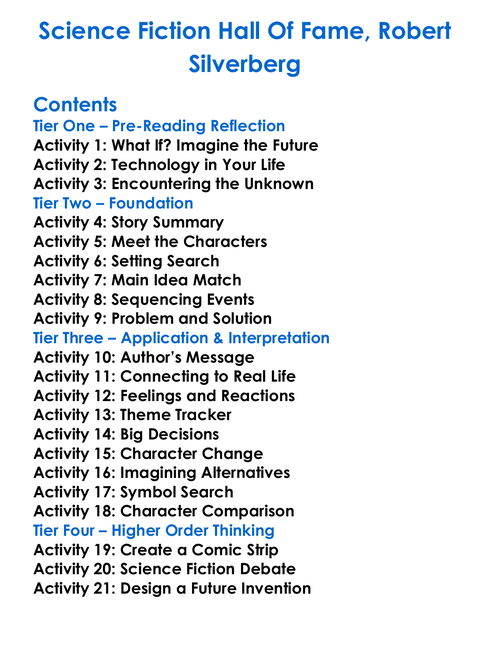 Science Fiction Hall Of Fame Robert Silverberg Worksheet Activity Booklet