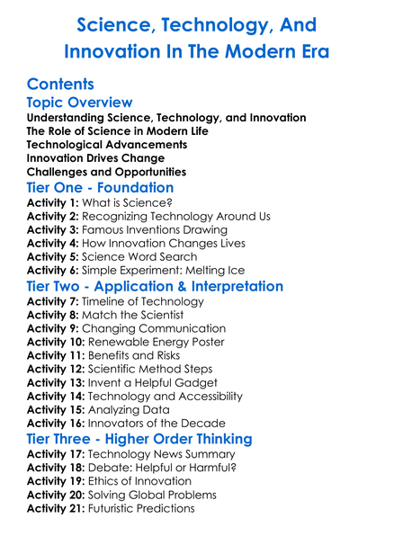 Science Technology And Innovation In The Modern Era Worksheet Activity Booklet