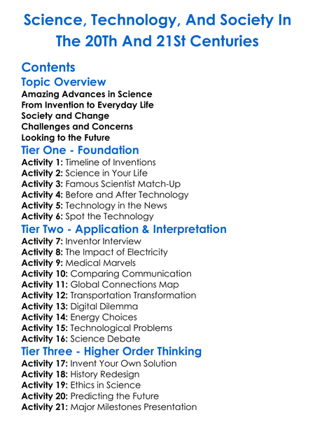 Science Technology And Society In The 20Th And 21St Centuries Worksheet Activity Booklet