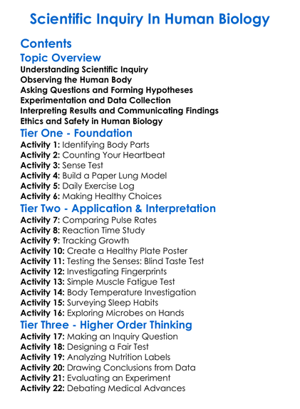 Scientific Inquiry In Human Biology Worksheet Activity Booklet