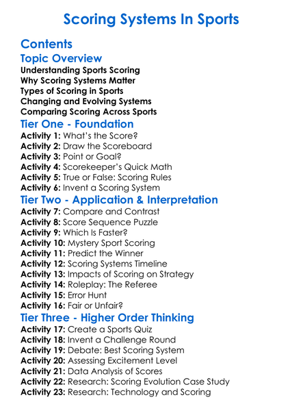 Scoring Systems In Sports Worksheet Activity Booklet