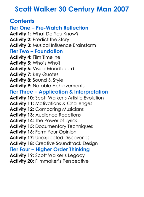 Scott Walker 30 Century Man 2007 Worksheet Activity Booklet