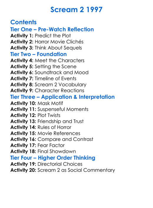 Scream 2 1997 Worksheet Activity Booklet