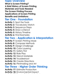 Screen Printing Introduction Worksheet Activity Booklet