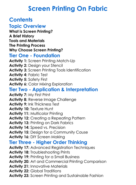 Screen Printing On Fabric Worksheet Activity Booklet