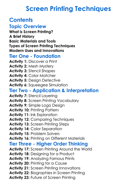 Screen Printing Techniques Worksheet Activity Booklet