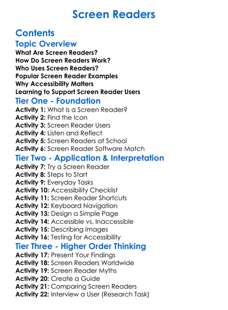 Screen Readers Worksheet Activity Booklet