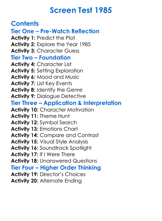 Screen Test 1985 Worksheet Activity Booklet