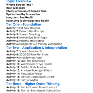 Screen Time And Eye Health Worksheet Activity Booklet