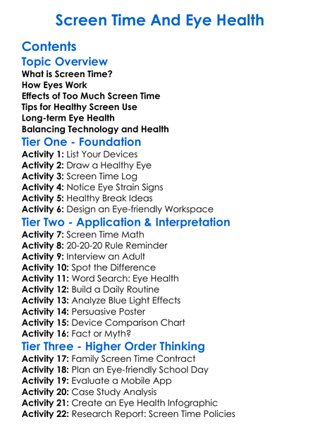 Screen Time And Eye Health Worksheet Activity Booklet
