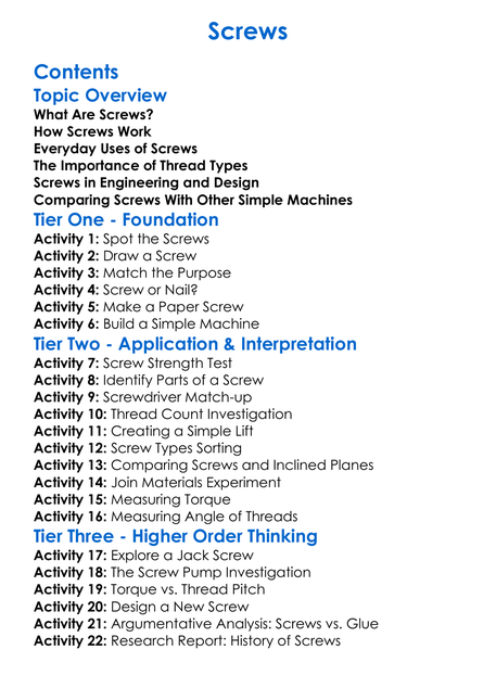Screws Worksheet Activity Booklet