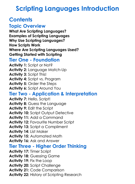 Scripting Languages Introduction Worksheet Activity Booklet