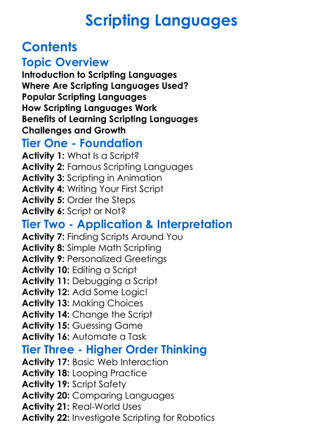Scripting Languages Worksheet Activity Booklet