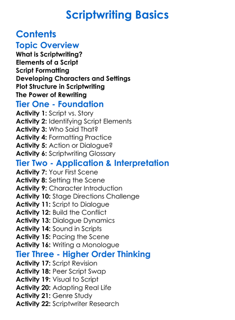 Scriptwriting Basics Worksheet Activity Booklet