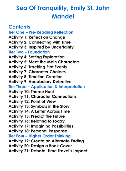 Sea Of Tranquility Emily St John Mandel Worksheet Activity Booklet