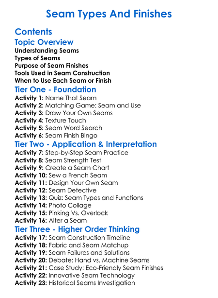Seam Types And Finishes Worksheet Activity Booklet