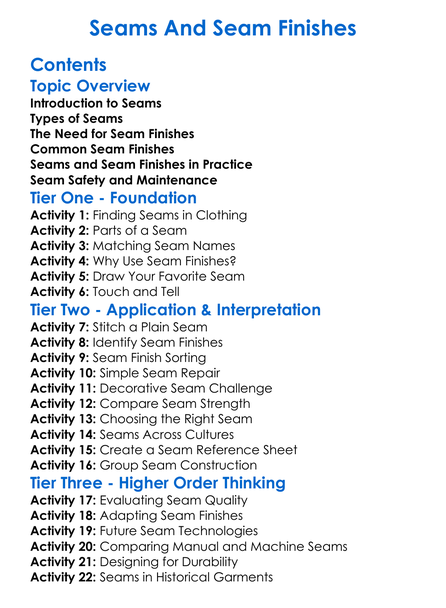 Seams And Seam Finishes Worksheet Activity Booklet
