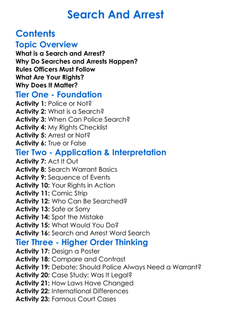 Search And Arrest Worksheet Activity Booklet