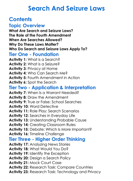 Search And Seizure Laws Worksheet Activity Booklet