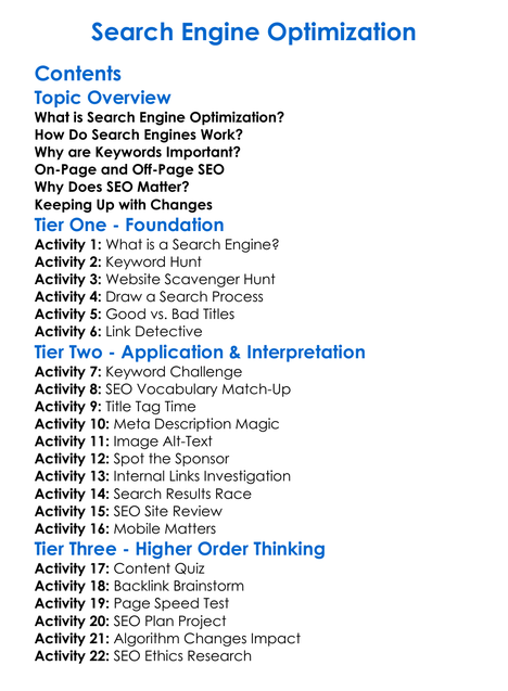 Search Engine Optimization Worksheet Activity Booklet
