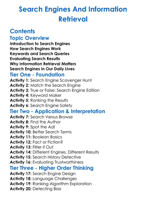 Search Engines And Information Retrieval Worksheet Activity Booklet