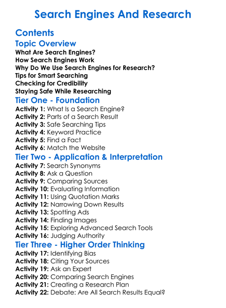 Search Engines And Research Worksheet Activity Booklet