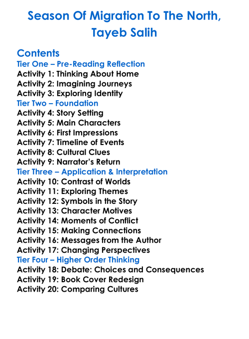 Season Of Migration To The North Tayeb Salih Worksheet Activity Booklet