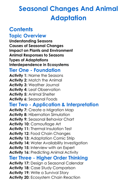 Seasonal Changes And Animal Adaptation Worksheet Activity Booklet