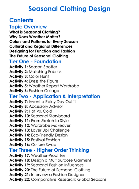 Seasonal Clothing Design Worksheet Activity Booklet