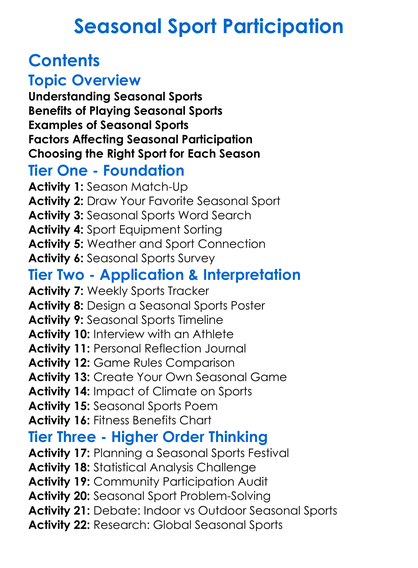 Seasonal Sport Participation Worksheet Activity Booklet