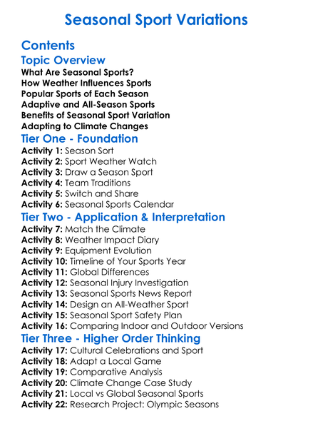 Seasonal Sport Variations Worksheet Activity Booklet