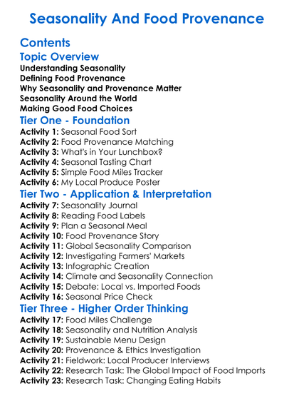 Seasonality And Food Provenance Worksheet Activity Booklet