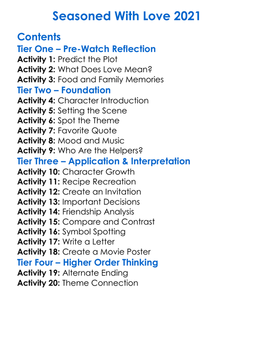 Seasoned With Love 2021 Worksheet Activity Booklet