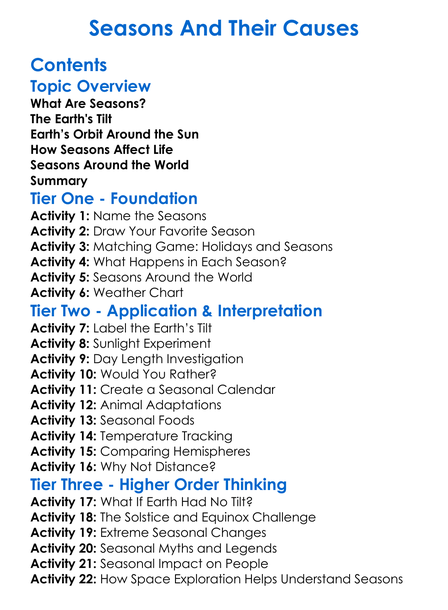 Seasons And Their Causes Worksheet Activity Booklet