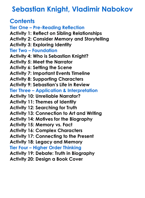 Sebastian Knight Vladimir Nabokov Worksheet Activity Booklet