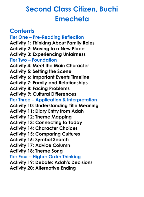 Second Class Citizen Buchi Emecheta Worksheet Activity Booklet