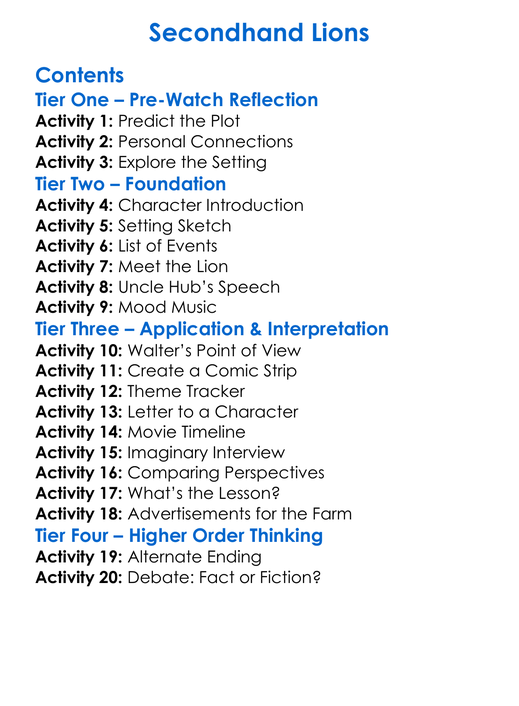 Secondhand Lions Worksheet Activity Booklet
