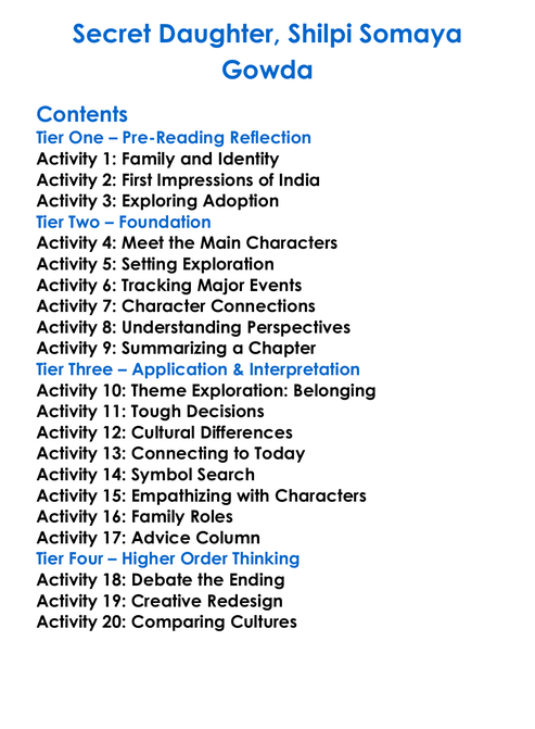 Secret Daughter Shilpi Somaya Gowda Worksheet Activity Booklet