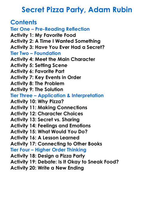 Secret Pizza Party Adam Rubin Worksheet Activity Booklet