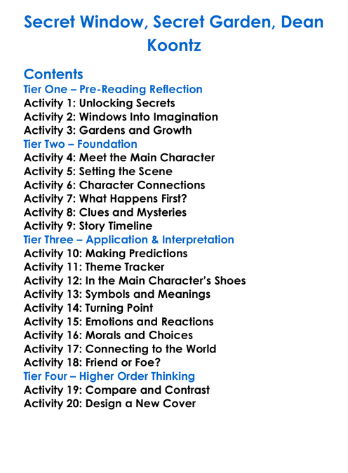 Secret Window Secret Garden Dean Koontz Worksheet Activity Booklet