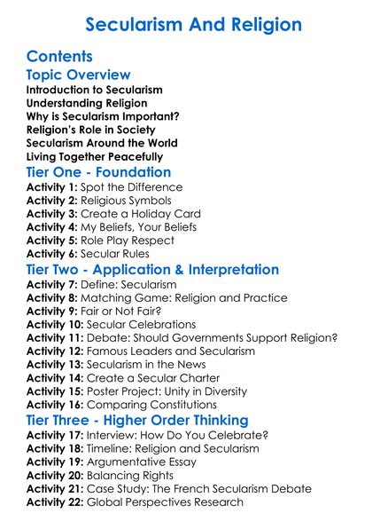 Secularism And Religion Worksheet Activity Booklet