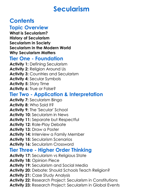Secularism Worksheet Activity Booklet