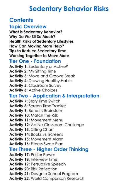 Sedentary Behavior Risks Worksheet Activity Booklet