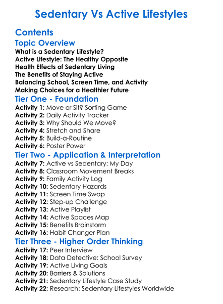 Sedentary Vs Active Lifestyles Worksheet Activity Booklet