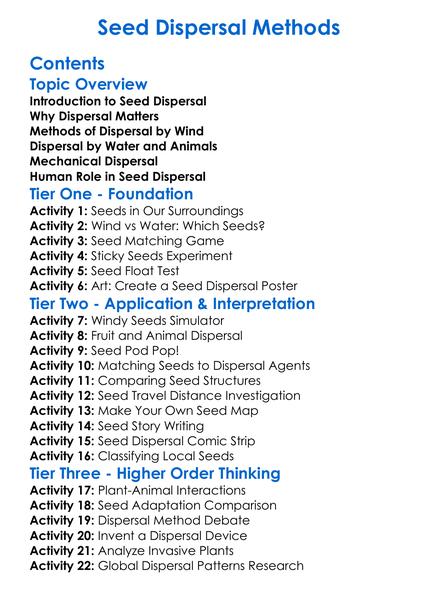 Seed Dispersal Methods Worksheet Activity Booklet