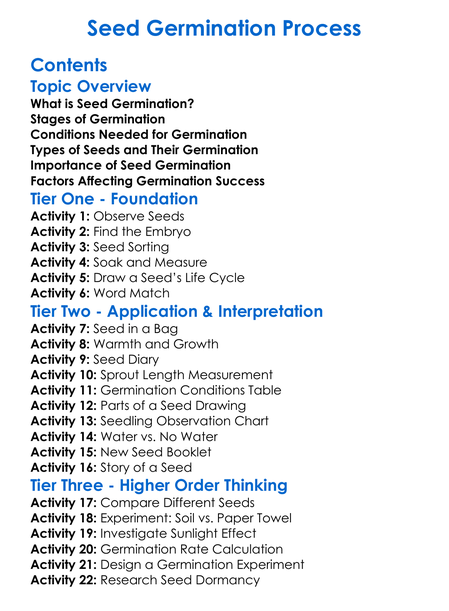 Seed Germination Process Worksheet Activity Booklet