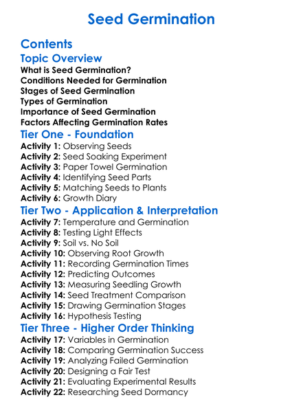 Seed Germination Worksheet Activity Booklet