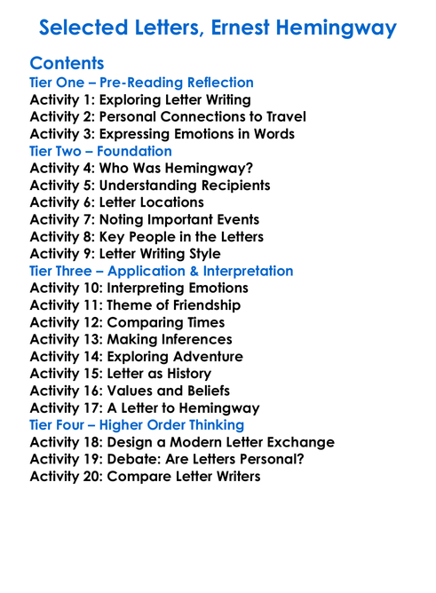 Selected Letters Ernest Hemingway Worksheet Activity Booklet