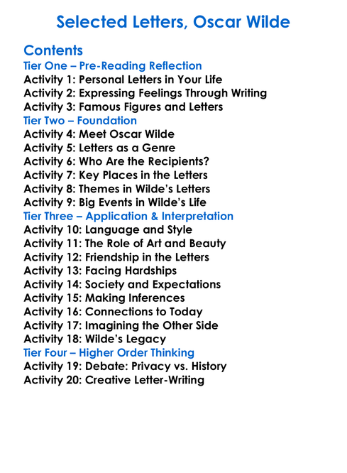 Selected Letters Oscar Wilde Worksheet Activity Booklet