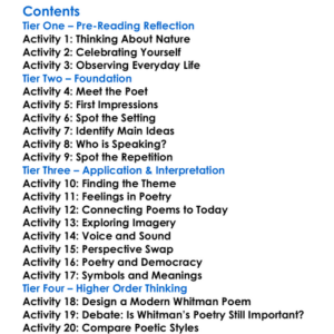 Selected Poems Of Walt Whitman Walt Whitman Worksheet Activity Booklet